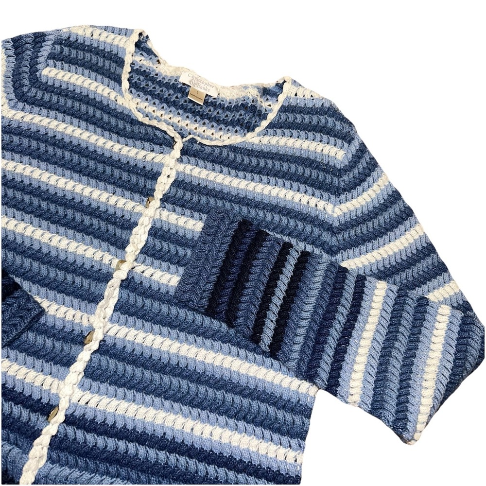 Vtg Y2K Christopher & Banks Crochet Blue Striped Button Cardigan Sweater Women L